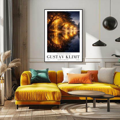 A vertical full-bleed landscape illustration in the style of Gustav Klimt. A row of weeping willow trees with branches made of liquid gold and sparkling embers lines a dark, tranquil river. The golden light reflects brilliantly on the water's surface under a dark twilight sky.