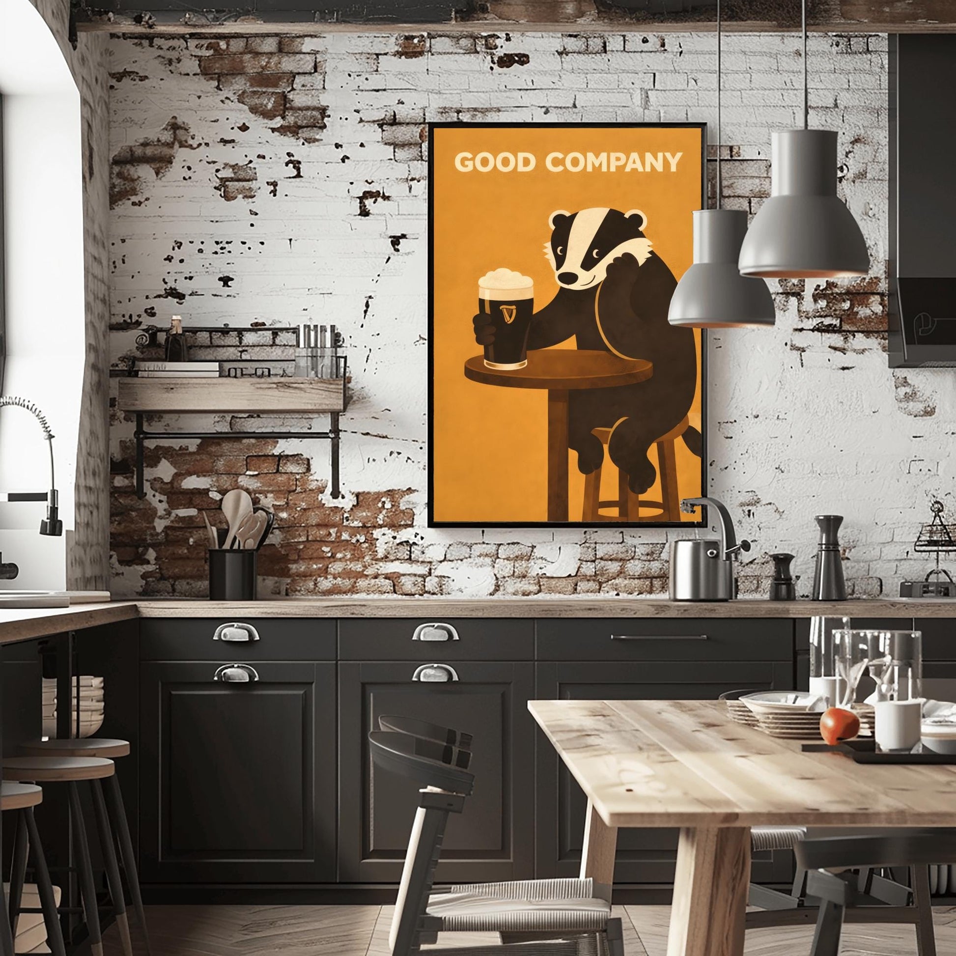 A vertical modern illustration of a cute black and white badger sitting at a round wooden bar table. The badger is leaning on one arm and holding a pint of Guinness with the other. The text "GOOD COMPANY" is written in bold at the top against a warm amber background.