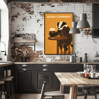 A vertical modern illustration of a cute black and white badger sitting at a round wooden bar table. The badger is leaning on one arm and holding a pint of Guinness with the other. The text "GOOD COMPANY" is written in bold at the top against a warm amber background.