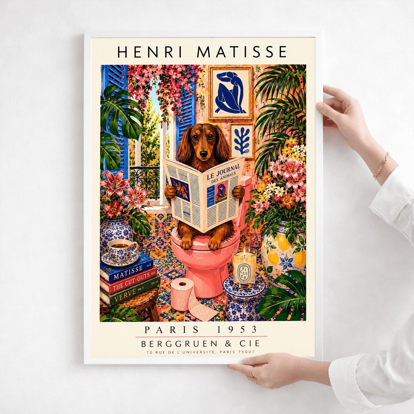 A vertical vintage-style art exhibition poster titled "HENRI MATISSE" at the top and "PARIS 1953 BERGGRUEN & CIE" at the bottom. The main image features a long-haired brown Dachshund dog sitting on a pink toilet inside an incredibly ornate bathroom, reading a newspaper titled "LE JOURNAL DES ANIMAUX". The background is a dense, colorful display of patterned wall tiles, framed Matisse paper cutouts, large green tropical houseplants, and vases full of pink lilies and flowers.