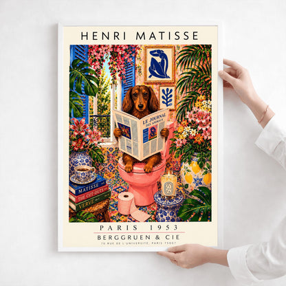 A vertical vintage-style art exhibition poster titled "HENRI MATISSE" at the top and "PARIS 1953 BERGGRUEN & CIE" at the bottom. The main image features a long-haired brown Dachshund dog sitting on a pink toilet inside an incredibly ornate bathroom, reading a newspaper titled "LE JOURNAL DES ANIMAUX". The background is a dense, colorful display of patterned wall tiles, framed Matisse paper cutouts, large green tropical houseplants, and vases full of pink lilies and flowers.