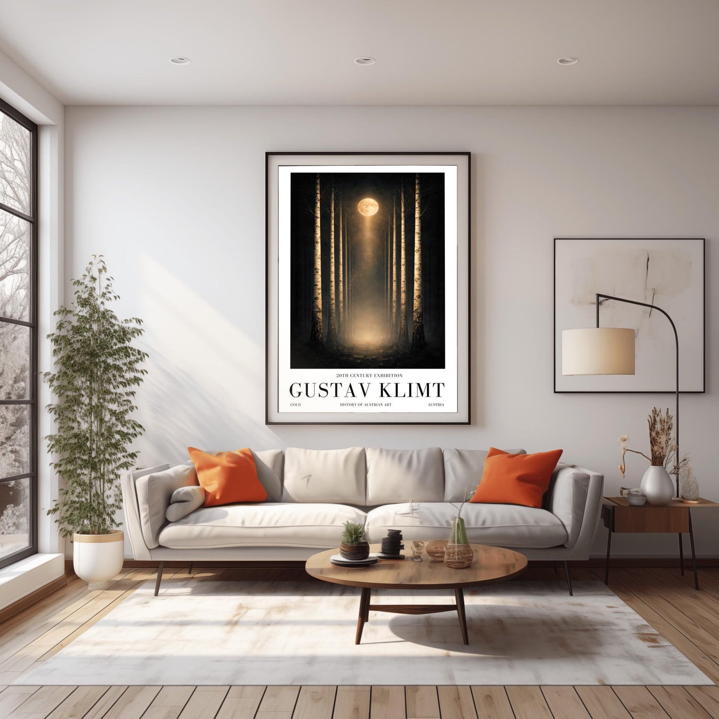 A vertical, perfectly symmetrical illustration of a birch forest at night. Three slender birch trees frame each side of a central path. A golden moon at the top center casts a beam of light downward onto a glowing forest floor. The trees feature intricate golden mosaic bark.