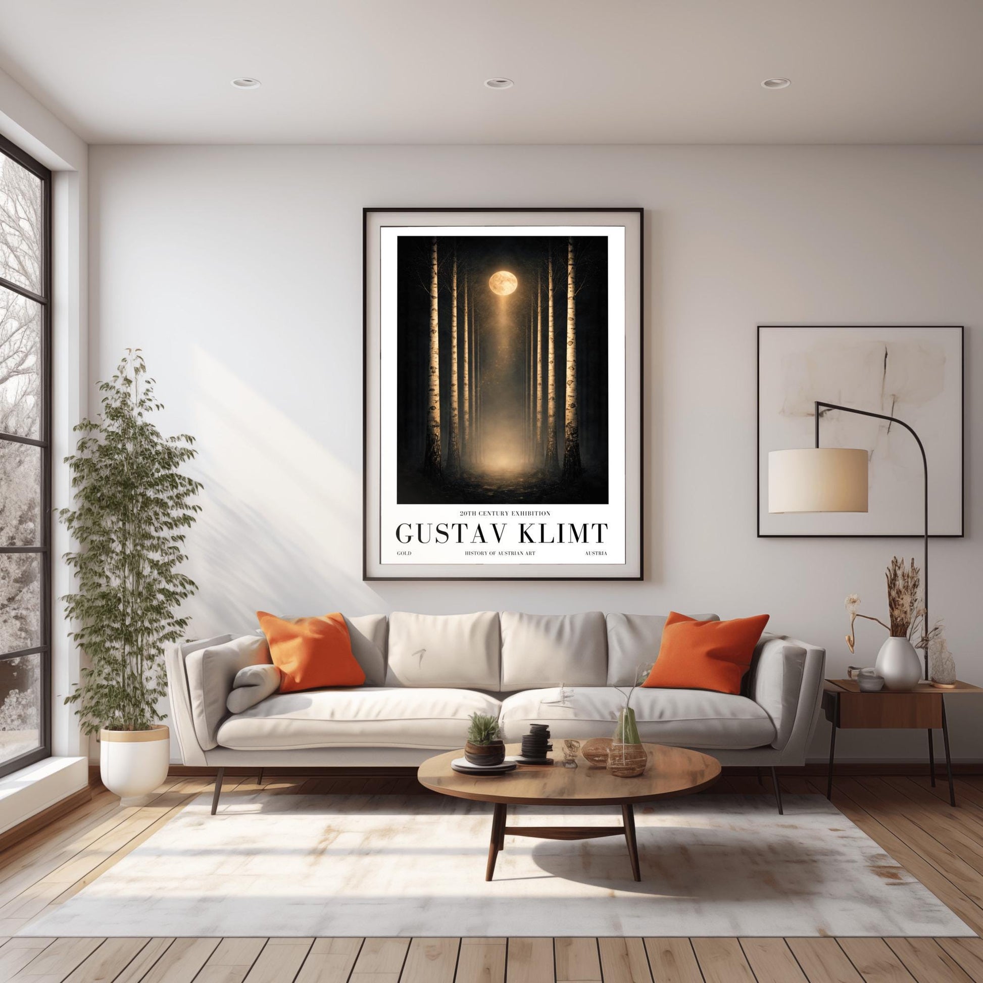 A vertical, perfectly symmetrical illustration of a birch forest at night. Three slender birch trees frame each side of a central path. A golden moon at the top center casts a beam of light downward onto a glowing forest floor. The trees feature intricate golden mosaic bark.