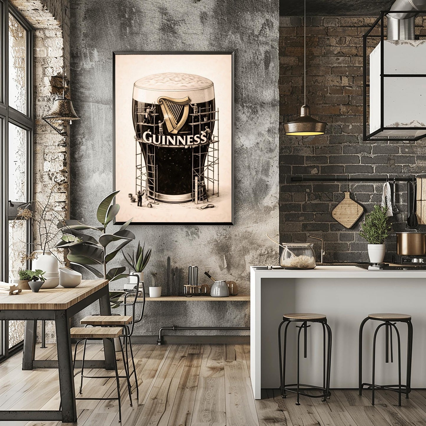 A vertical charcoal illustration of a large pint of Guinness. The glass is surrounded by a complex wooden scaffolding structure. Tiny worker silhouettes are on the scaffolding, polishing a large golden harp and the white Guinness logo on the front of the glass. The background is a light cream color.