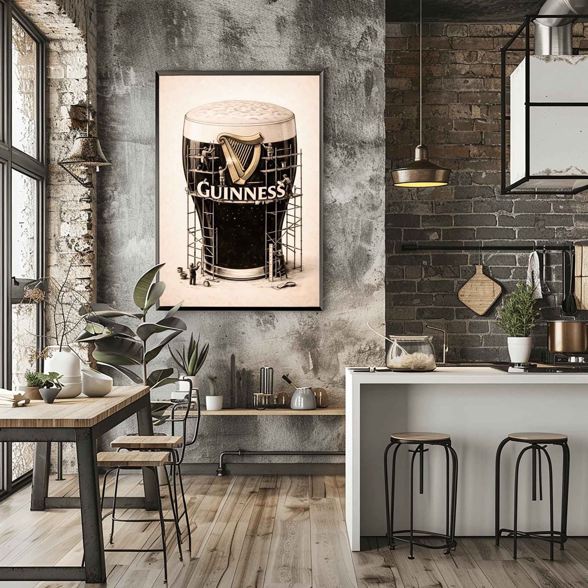 A vertical charcoal illustration of a large pint of Guinness. The glass is surrounded by a complex wooden scaffolding structure. Tiny worker silhouettes are on the scaffolding, polishing a large golden harp and the white Guinness logo on the front of the glass. The background is a light cream color.