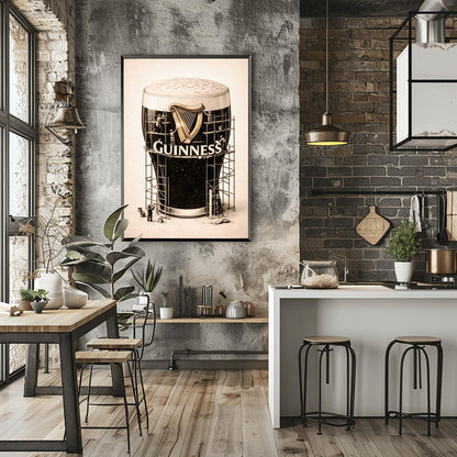 A vertical charcoal illustration of a large pint of Guinness. The glass is surrounded by a complex wooden scaffolding structure. Tiny worker silhouettes are on the scaffolding, polishing a large golden harp and the white Guinness logo on the front of the glass. The background is a light cream color.