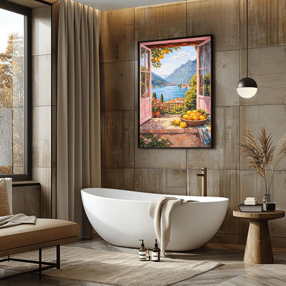 A vertical painterly illustration looking through open pink French doors onto a large blue lake surrounded by tall mountains. A woven basket of lemons sits on a stone ledge in the foreground next to a striped cloth and a pot of pink flowers.