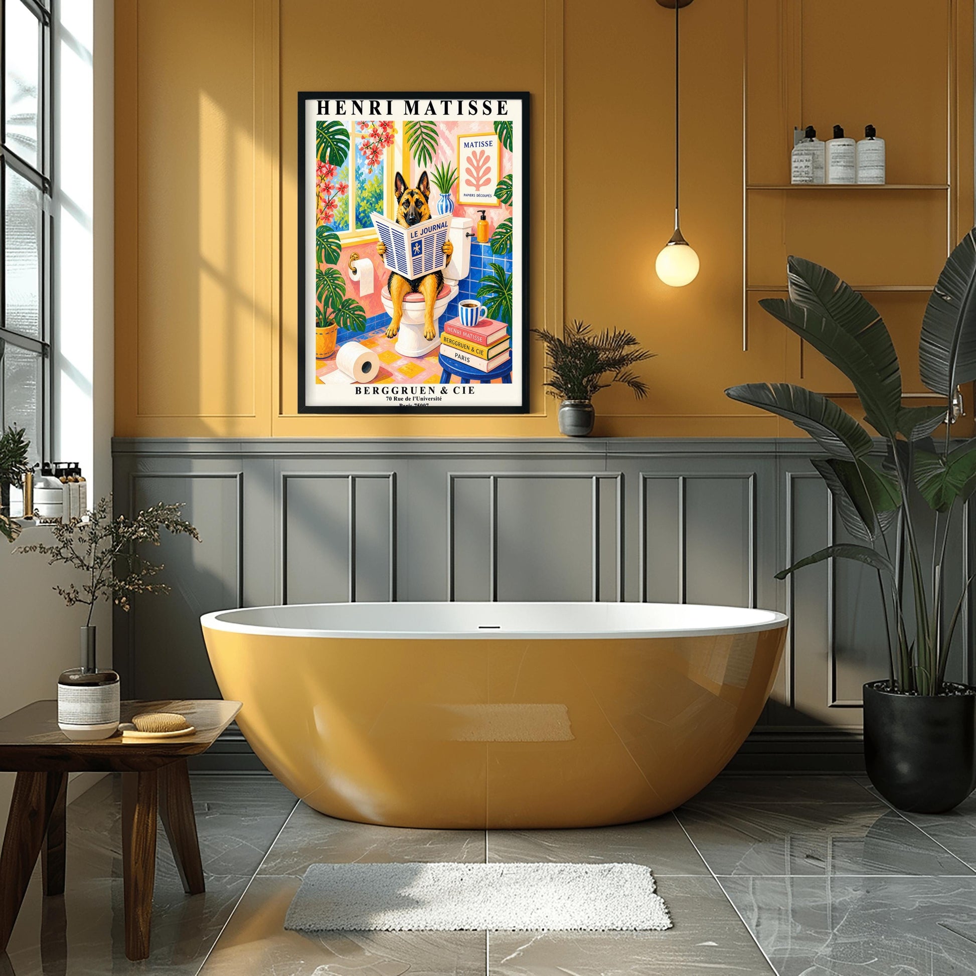 A vertical maximalist art print designed as a Henri Matisse exhibition poster. A tan and black German Shepherd is sitting upright on a white toilet, holding and reading a newspaper titled "Le Journal." The bathroom is vibrantly colored with pink walls, blue wall tiles, and a pink and yellow checkered floor. The room is filled with large green tropical plants and red flowers. A stack of art books and a striped mug sit on a blue stool.