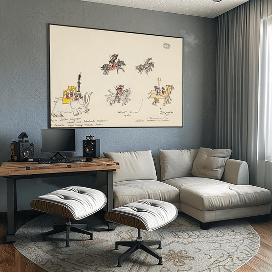 A vertical minimalist fine art print showing an authentic production sketch page by Ludwig Bemelmans for the book Madeline in London. On a warm cream background, there are black ink drawings of horses, camels, and a large parade elephant with red and yellow watercolor details. Handwritten notes, editorial marks, and a round studio stamp are visible at the bottom of the page.