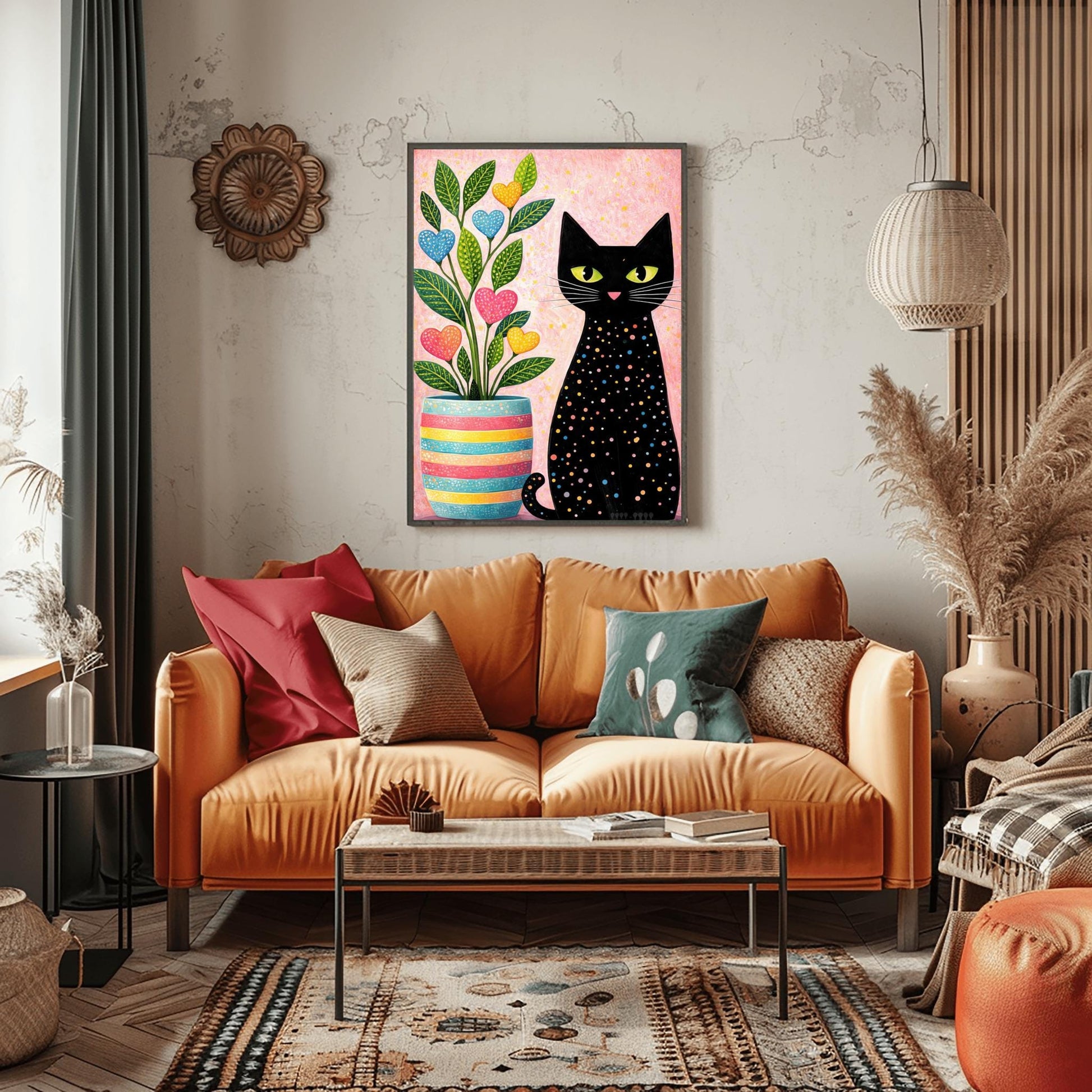 A vertical folk-art style illustration of a black cat sitting next to a colorful potted plant. The black cat is covered in small, multi-colored polka dots and has bright green eyes. The plant to its left is in a striped pink, yellow, and blue pot and features green leaves with heart-shaped "flowers" in pink, blue, and yellow. The background is a textured light pink with yellow paint splatters.