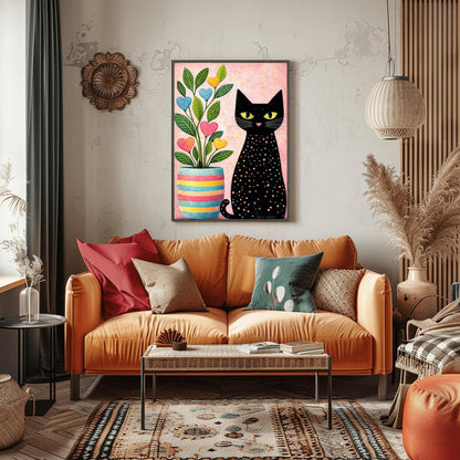 A vertical folk-art style illustration of a black cat sitting next to a colorful potted plant. The black cat is covered in small, multi-colored polka dots and has bright green eyes. The plant to its left is in a striped pink, yellow, and blue pot and features green leaves with heart-shaped "flowers" in pink, blue, and yellow. The background is a textured light pink with yellow paint splatters.