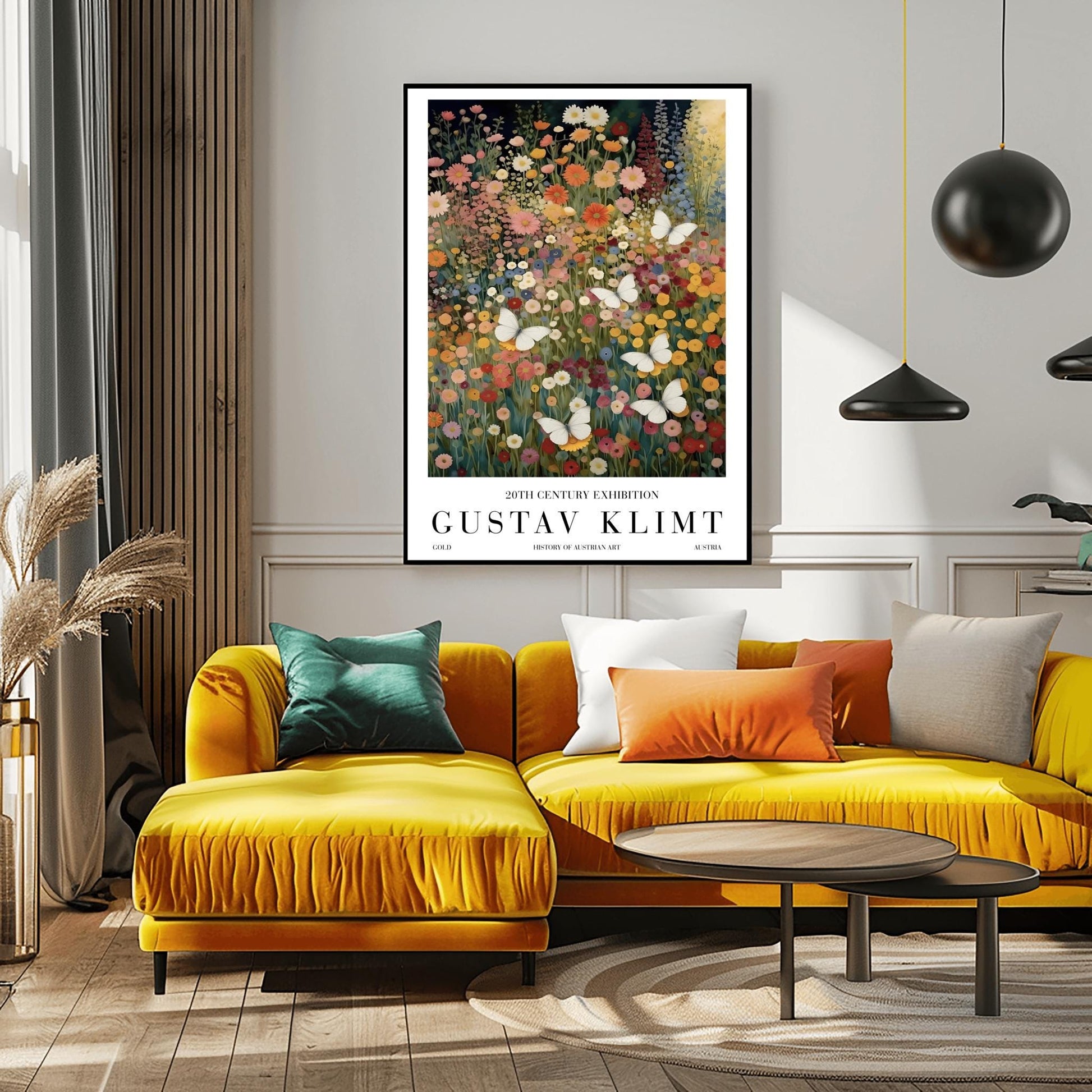 A vertical fine art painting in the style of Gustav Klimt. A dense field of colorful wildflowers in shades of orange, pink, yellow, and red fills the frame. Several large, delicate white butterflies are scattered throughout the meadow, appearing to fly toward a soft golden light in the upper right corner. The style is highly textured with decorative mosaic patterns.