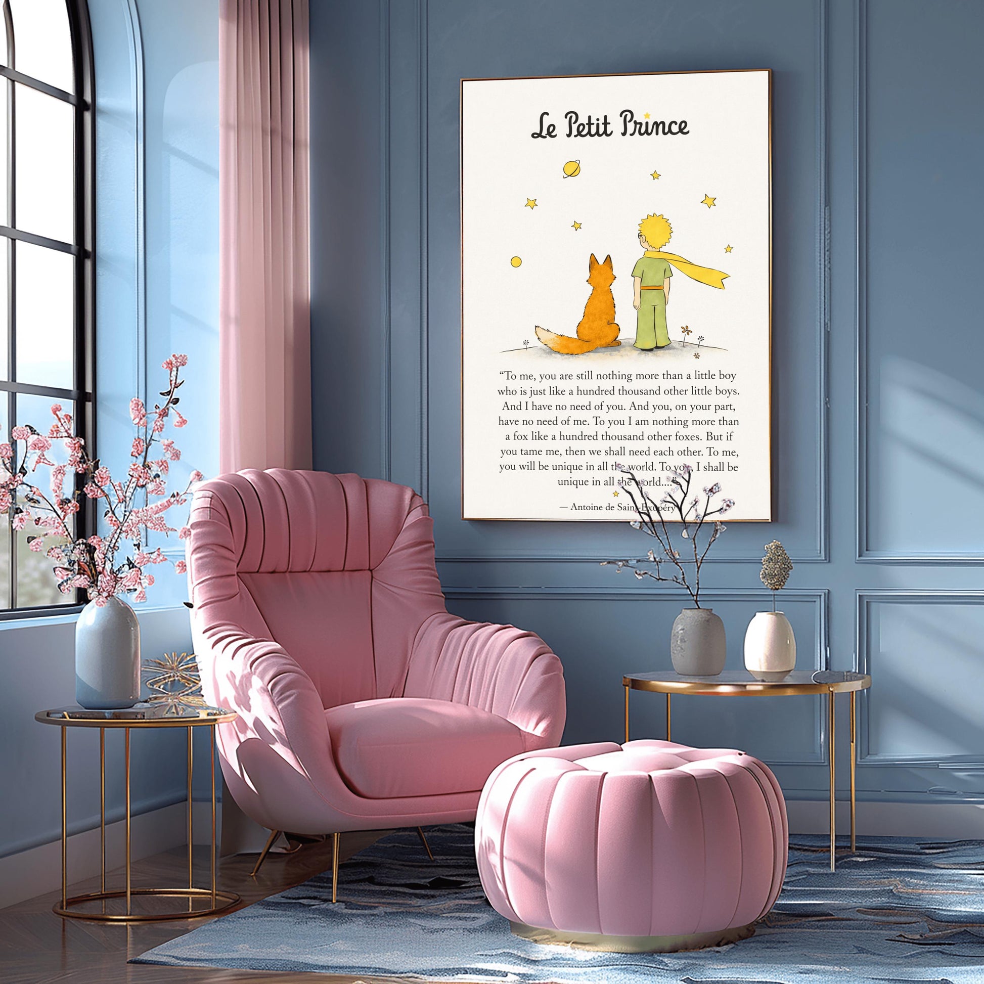 A vertical art print featuring a minimalist illustration of the Little Prince and the Fox from behind. The Prince wears a green suit and a long, flowing yellow scarf, standing next to an orange fox on a small grey mound. Above them are several simple yellow stars and a ringed planet. Below the illustration is a famous quote about "taming" and uniqueness from the book, attributed to Antoine de Saint-Exupéry.
