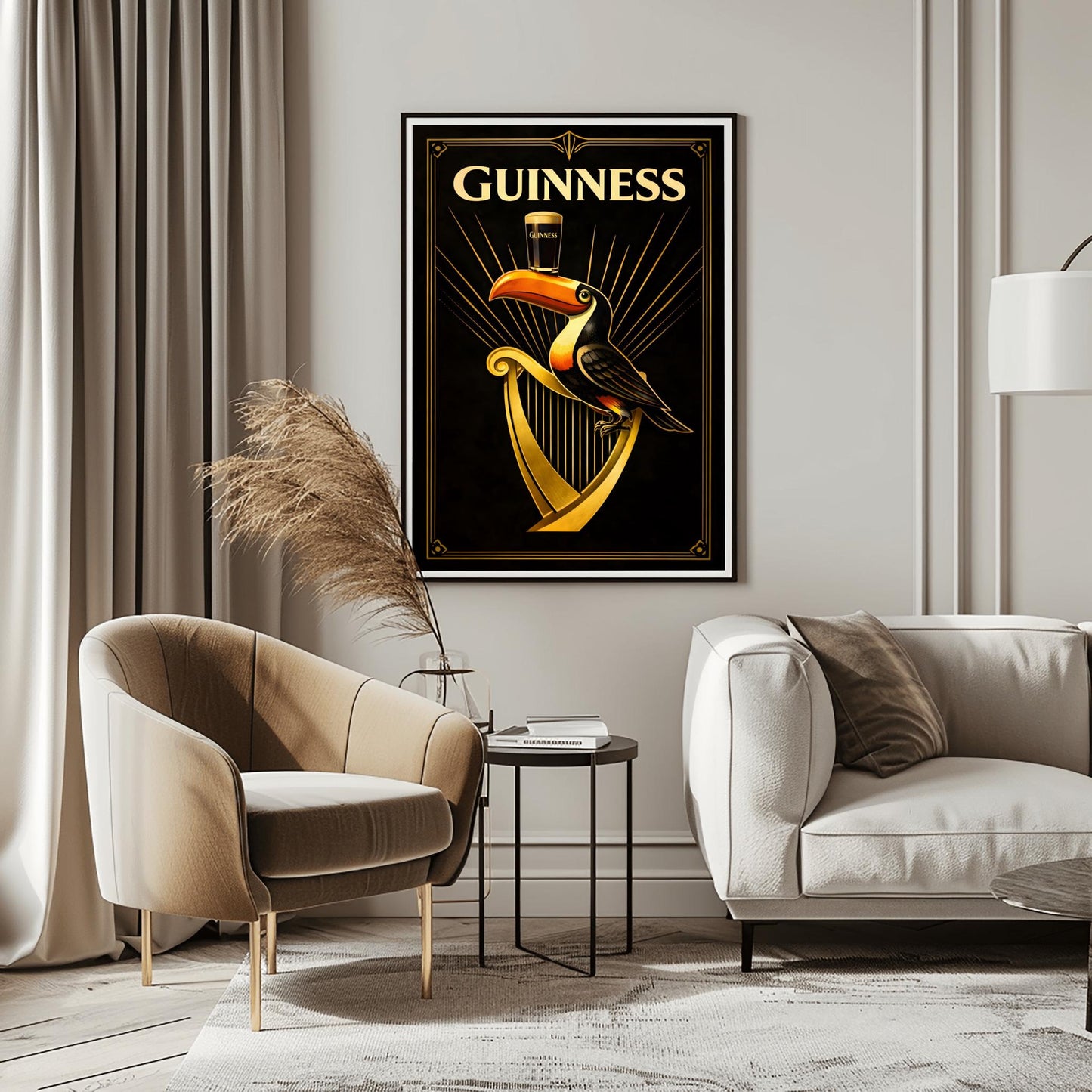 A vertical Art Deco style poster for Guinness. A colorful toucan perches on a large golden harp against a black background. Golden rays of light radiate from behind the toucan, which is balancing a pint of beer on its beak. The word "GUINNESS" is written in large gold letters at the top.