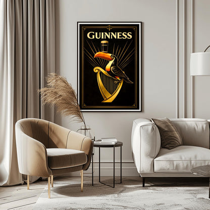 A vertical Art Deco style poster for Guinness. A colorful toucan perches on a large golden harp against a black background. Golden rays of light radiate from behind the toucan, which is balancing a pint of beer on its beak. The word "GUINNESS" is written in large gold letters at the top.