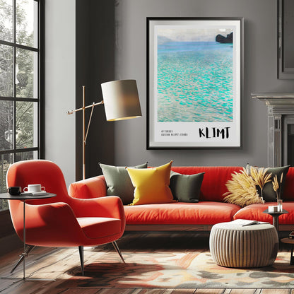 A vertical museum exhibition poster featuring Gustav Klimt's 1900 landscape painting "Attersee." The image depicts a close-up, shimmering view of a turquoise lake with a small dark island in the top right. The bottom border is soft grey with bold black text reading "ATTERSEE" and "KLIMT."