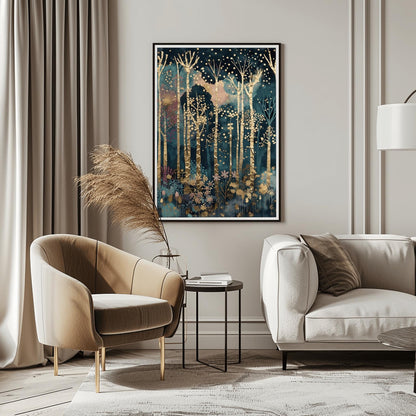 A vertical fine art painting in the style of Gustav Klimt. Tall, slender birch trees with heavy gold-leaf textures and dark geometric patterns rise against a dark teal and navy midnight sky. The sky is filled with floating golden orbs and stardust. At the bottom, a delicate layer of pink and blue stylized flowers grows among the roots. The overall mood is quiet, luxurious, and magical.