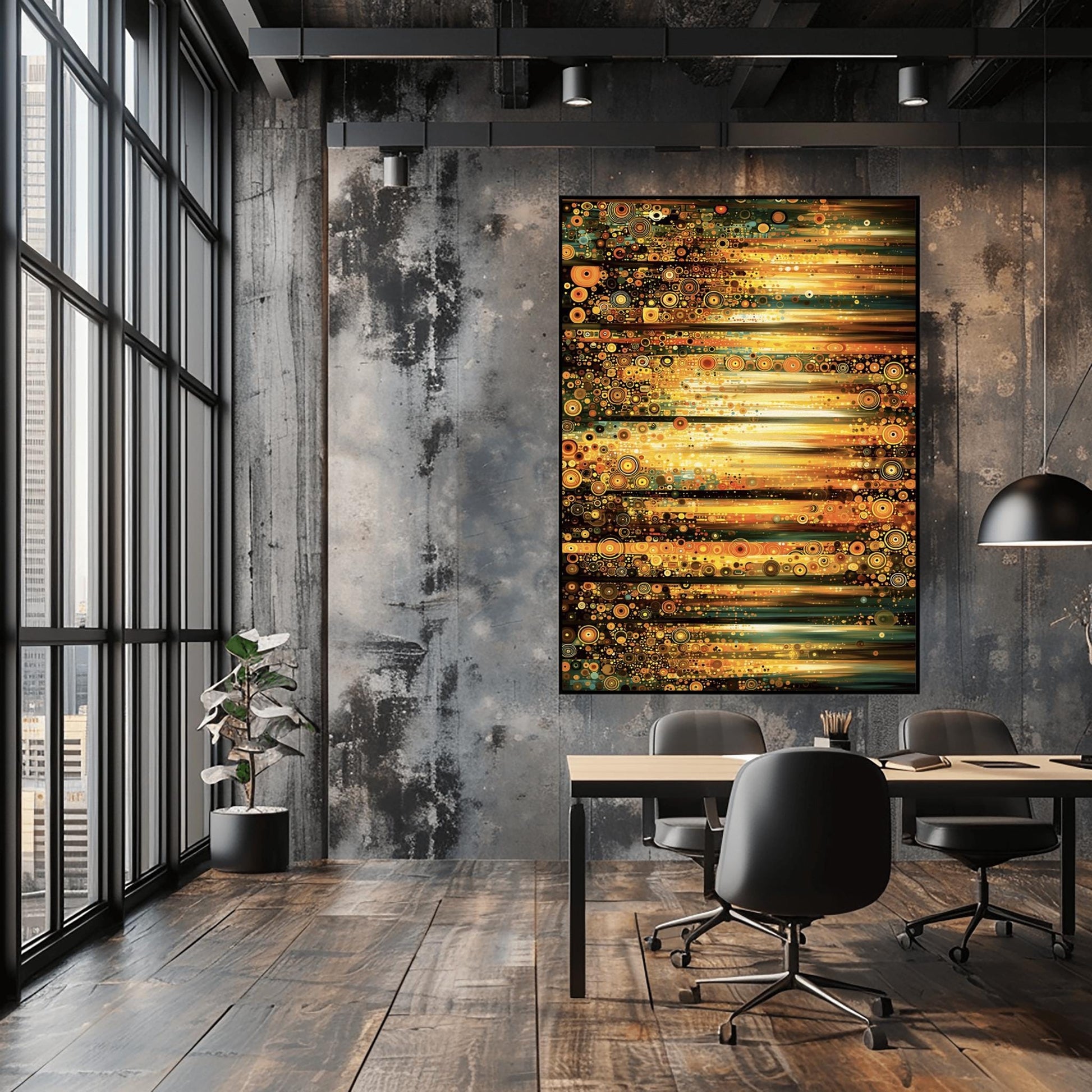 A horizontal abstract fine art print in the style of Gustav Klimt. The composition is made of horizontal bands of light and dark. Each band is filled with thousands of small mosaic circles and geometric patterns in shades of gold, amber, dark green, and teal. The center glows with a bright, sun-like yellow light.