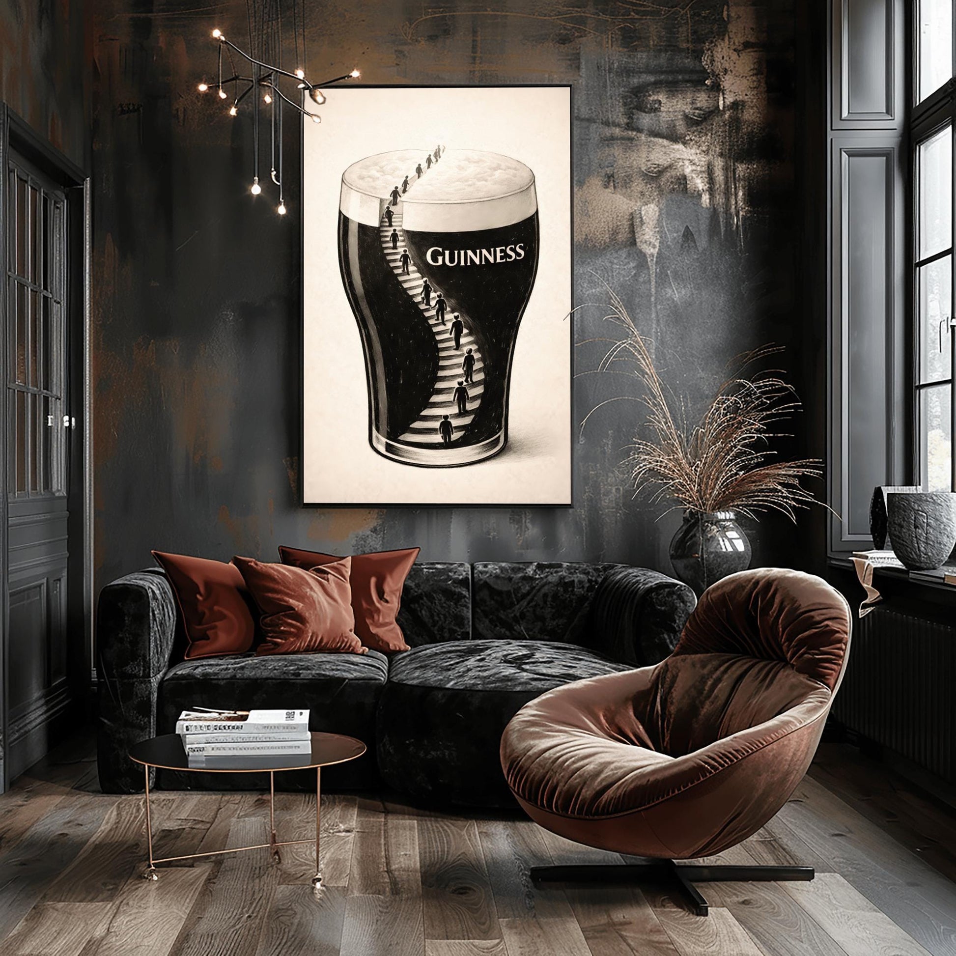 A vertical charcoal-style illustration of a pint of Guinness. A winding staircase is carved into the dark body of the stout, with several small human silhouettes climbing the stairs toward the white foam at the top. The background is a clean, off-white textured paper.