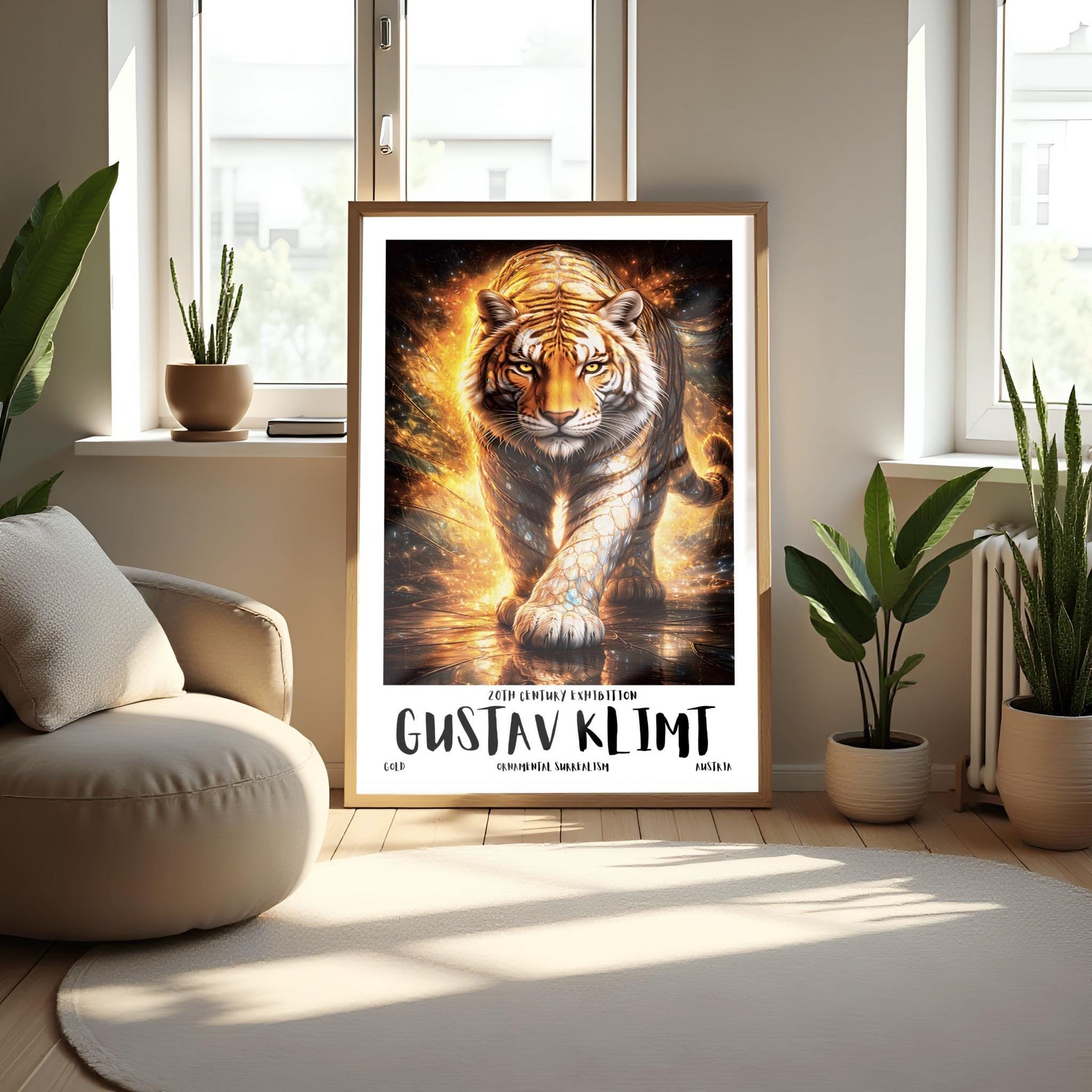 A vertical full-bleed illustration of a tiger in the style of Gustav Klimt. The tiger is prowling forward toward the viewer, its body covered in golden mosaic patterns and glowing orange light. The background is a swirl of amber sparks and gold-leaf textures.