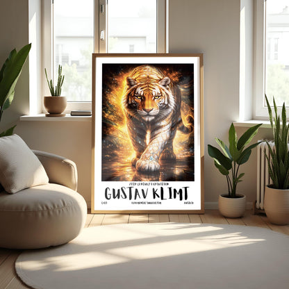 A vertical full-bleed illustration of a tiger in the style of Gustav Klimt. The tiger is prowling forward toward the viewer, its body covered in golden mosaic patterns and glowing orange light. The background is a swirl of amber sparks and gold-leaf textures.