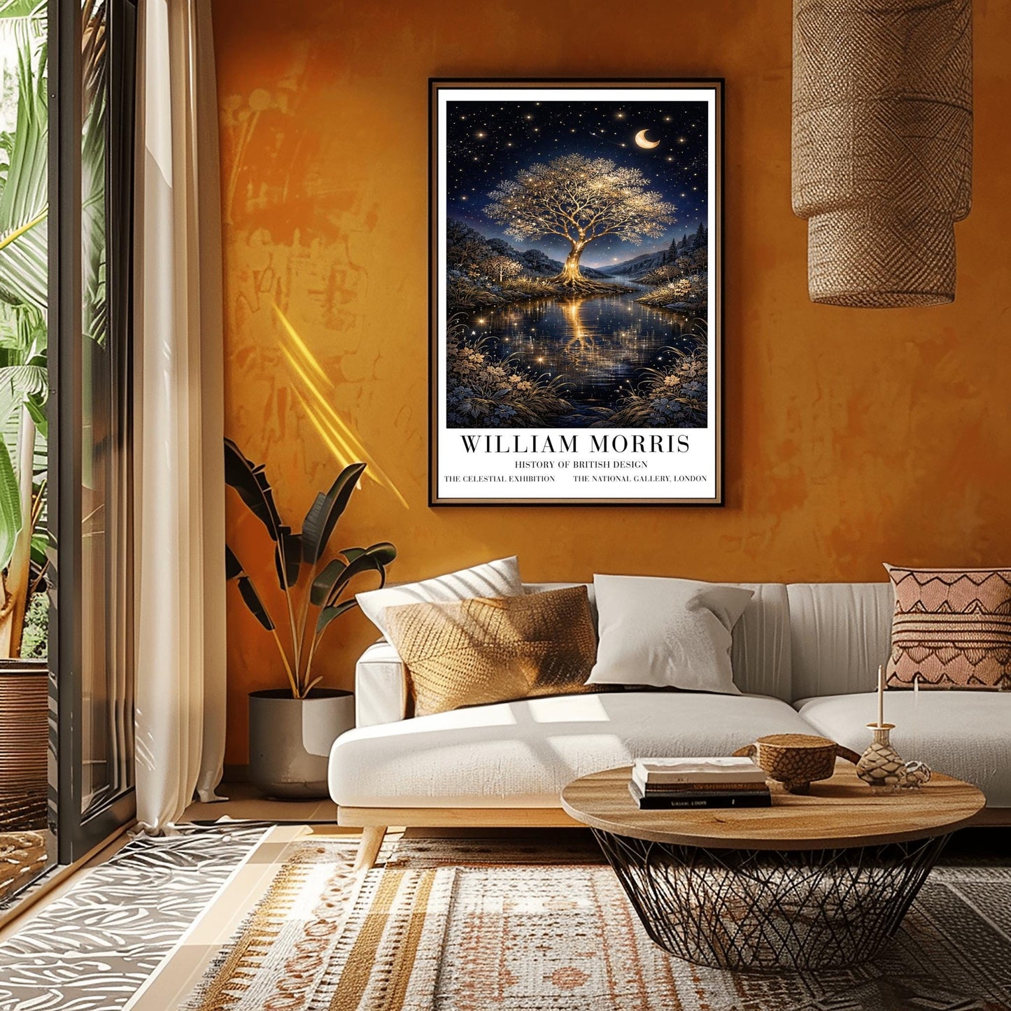 A vertical exhibition poster for "William Morris: History of British Design" at The National Gallery, London. The artwork features a large, glowing golden tree with intricate branches on a small island in the center of a river. The gold of the tree reflects vividly in the dark water below. A crescent moon and shooting star appear in a dark navy sky filled with many small stars. The scene is framed by golden wildflowers and dark hills. Bold black text at the bottom provides the exhibition details