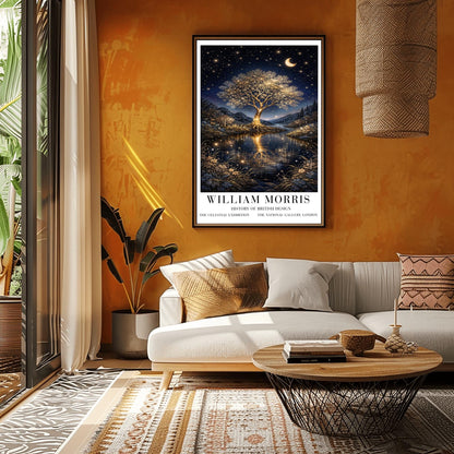 A vertical exhibition poster for "William Morris: History of British Design" at The National Gallery, London. The artwork features a large, glowing golden tree with intricate branches on a small island in the center of a river. The gold of the tree reflects vividly in the dark water below. A crescent moon and shooting star appear in a dark navy sky filled with many small stars. The scene is framed by golden wildflowers and dark hills. Bold black text at the bottom provides the exhibition details