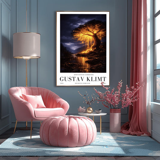 A vertical full-bleed illustration of a large weeping willow tree glowing with golden light in a stormy mountain valley. The tree stands by a dark river reflecting its gold light. The background features dark, rainy mountains and a moody indigo sky in the style of Gustav Klimt.
