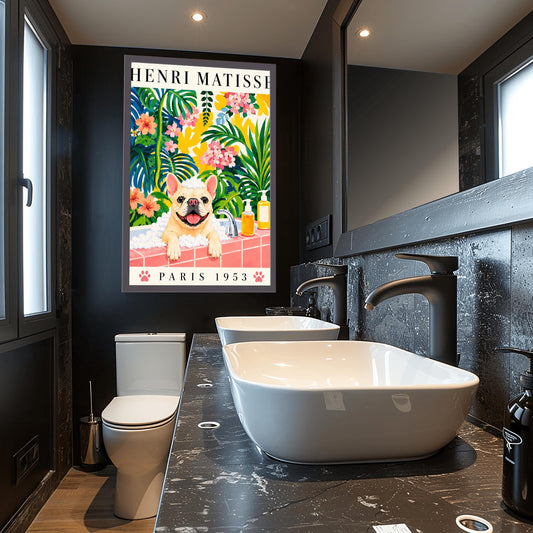 A vertical fine art exhibition poster in the style of Henri Matisse featuring a wide cream border. Bold black text reads "HENRI MATISSE" at the top and "PARIS 1953" at the bottom with two pink paw prints. The colorful painting inside depicts a cream French bulldog sitting in a bubble bath behind a pink tiled ledge, surrounded by a dense backdrop of green and blue tropical leaves, pink flowers, and yellow patterns.