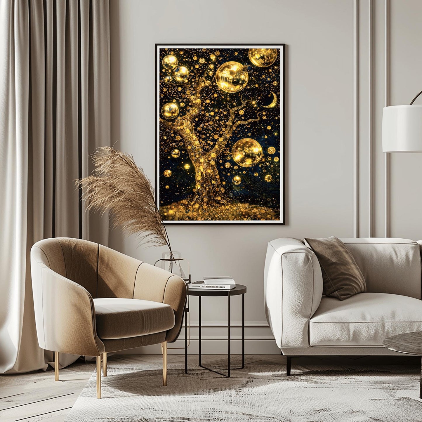 A vertical fine art print in the style of Gustav Klimt. A large, gnarled tree made of gold leaf stands against a dark navy sky filled with thousands of golden stardust dots. Large, glowing golden spheres hang from the branches like fruit. A patterned crescent moon is visible in the top right.