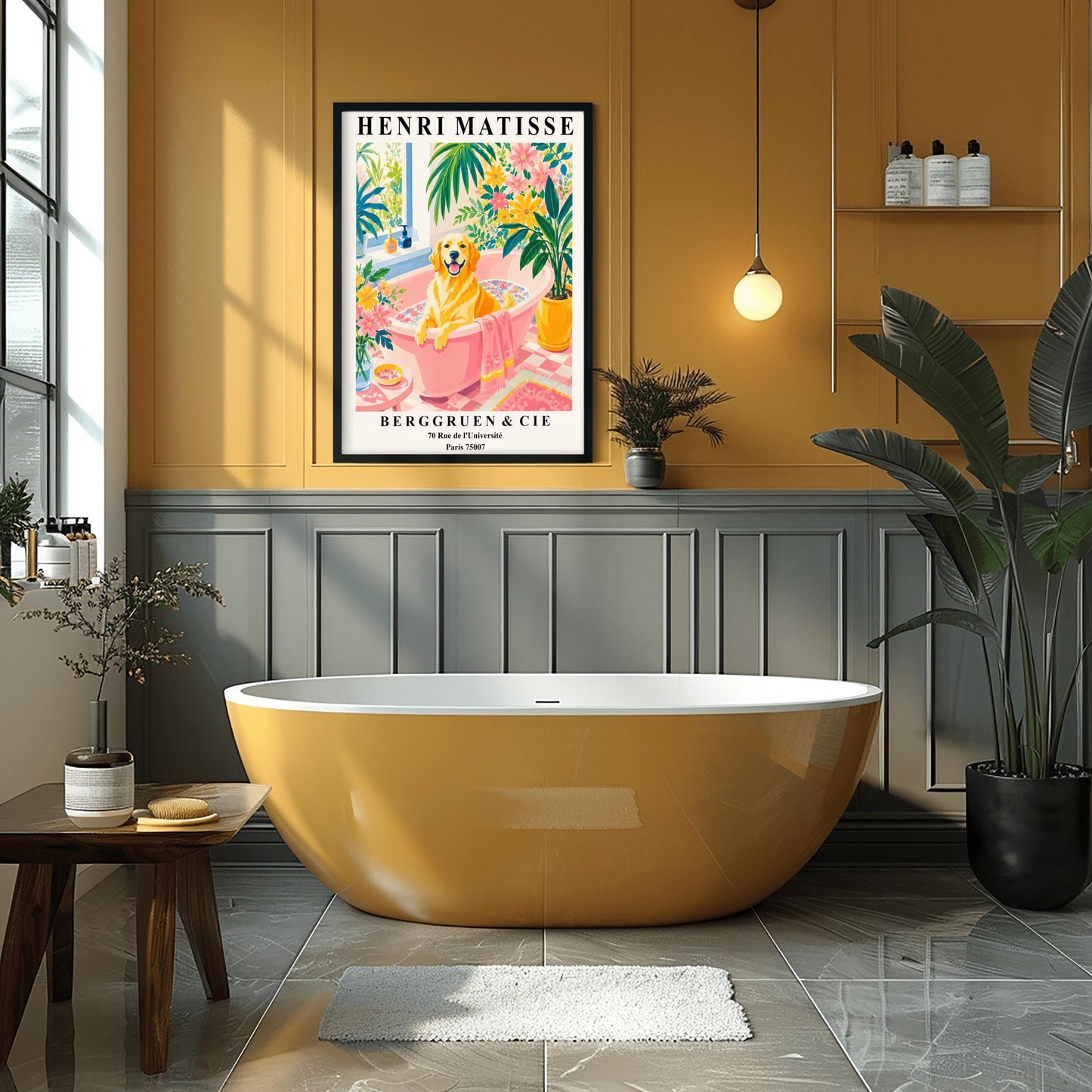 A vertical minimalist fine art exhibition poster in the style of Henri Matisse, bordered by a wide white frame margin. In the center, a simple black line drawing outlines the head and happy expression of a Golden Retriever dog. The composition is accented by vibrant, flat paper-cut abstract shapes, including a royal blue coral leaf on the left, a terracotta red shape on the right, and a mustard yellow block at the base against a clean white background.
