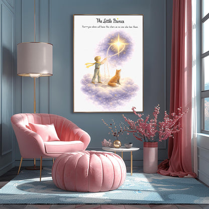 A vertical illustration poster titled "The Little Prince" in black script. A young boy with golden hair is standing on a soft, glowing lavender cloud next to a seated orange fox. The boy is holding a white rope that is looped around a large, bright yellow star. The star is surrounded by a sparkling purple nebula. Above the boy is the quote: "You—you alone will have the stars as no one else has them." The background is clean white.