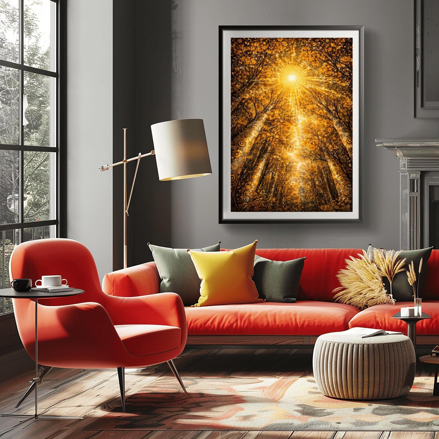 A vertical full-bleed illustration looking up from the forest floor toward a bright, geometric sun. Towering trees with golden mosaic bark frame a canopy of shimmering leaves. A large sunburst made of concentric golden dots and rays sits at the center against an amber sky.