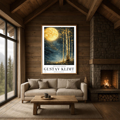 A vertical Art Nouveau illustration in the style of Gustav Klimt. A large, patterned golden moon sits in the upper left corner of a dark, misty teal forest. Slender birch trees stand on the right, while a swirl of golden stardust flows across the center.