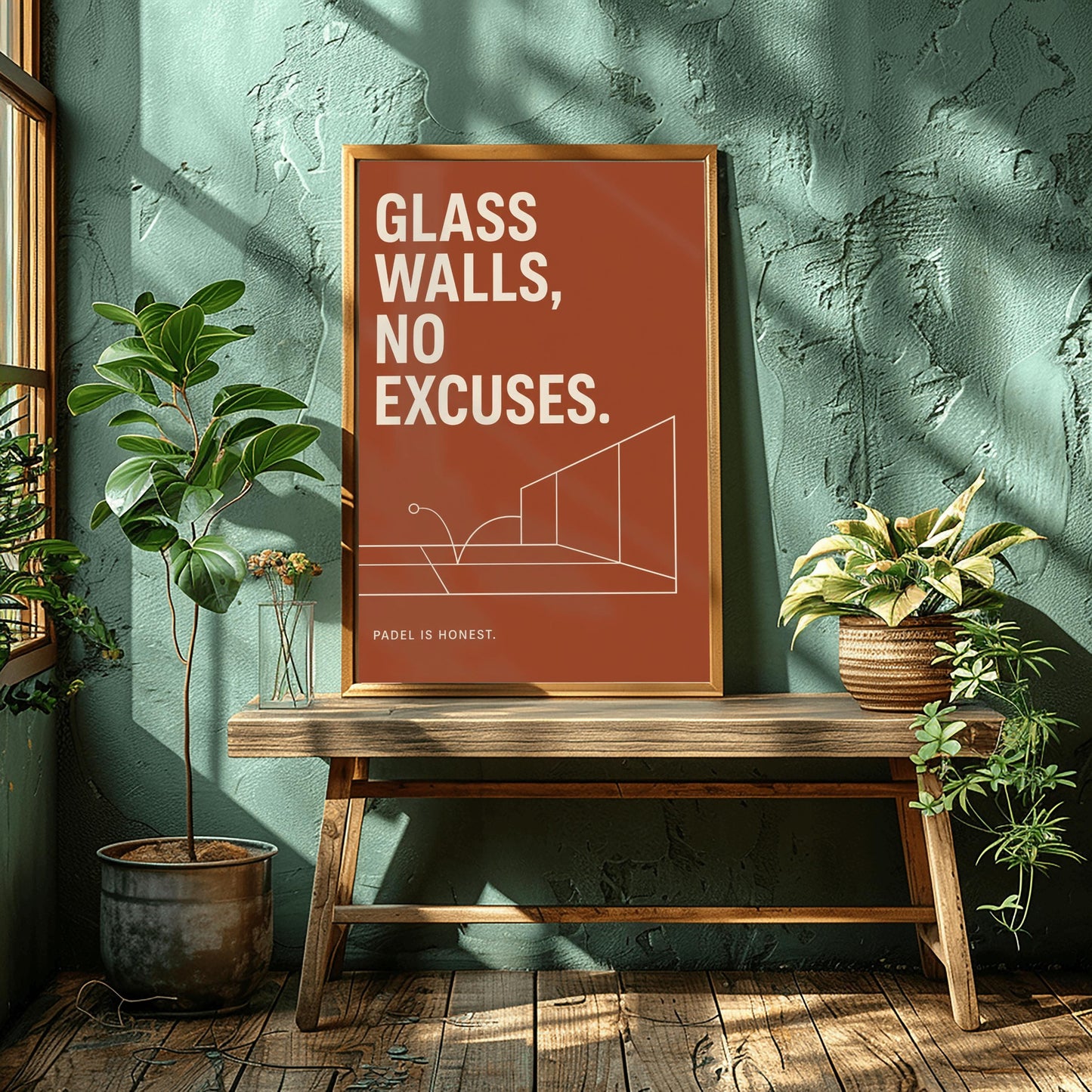 A vertical minimalist sports poster with a solid terracotta rust background. At the top, a bold quote reads "GLASS WALLS, NO EXCUSES." in a large, clean cream sans-serif font. The middle features a fine cream line drawing showcasing a perspective view of a padel court's back and side glass panels, with a line tracing a ball bouncing on the turf and hitting the glass. At the bottom left, small cream text reads "PADEL IS HONEST."