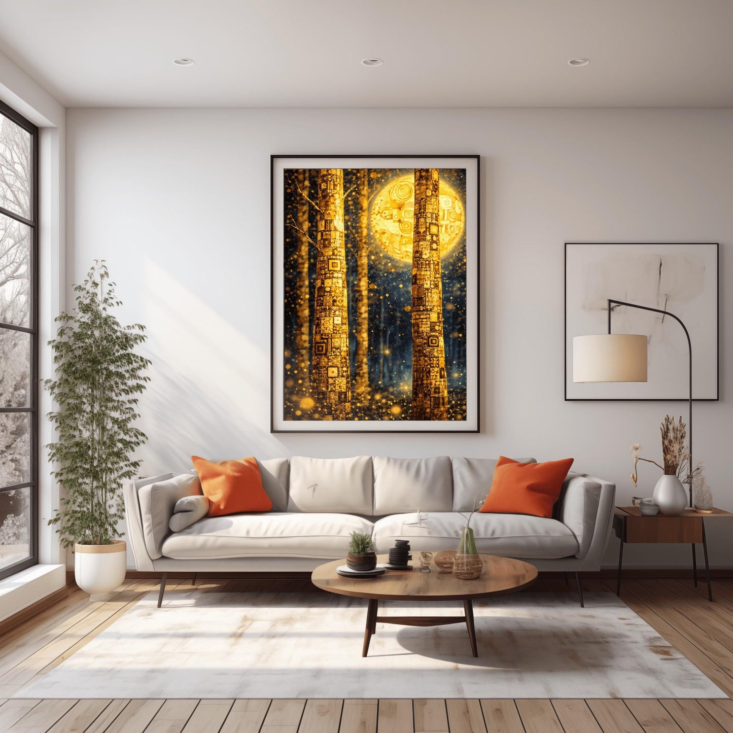 A vertical art print in the style of Gustav Klimt. Two tall tree trunks in the foreground are covered in a dense, golden mosaic of squares, circles, and intricate geometric patterns. In the background, a large, glowing golden moon with swirling patterns hangs in a dark blue forest. The entire scene is filled with shimmering golden light particles and soft bokeh orbs, creating a luminous and magical atmosphere.