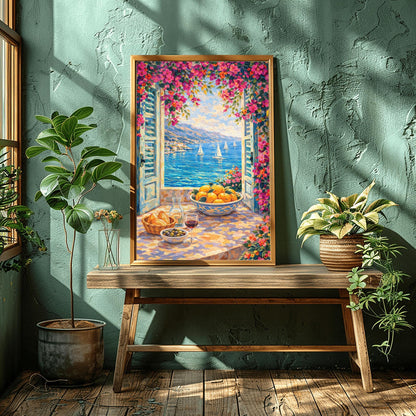 A vertical painterly illustration looking through open blue shutters at a blue sea with sailboats. Pink bougainvillea flowers frame the top and side. On the windowsill sits a glass of red wine, olives, bread, and a large bowl of oranges.