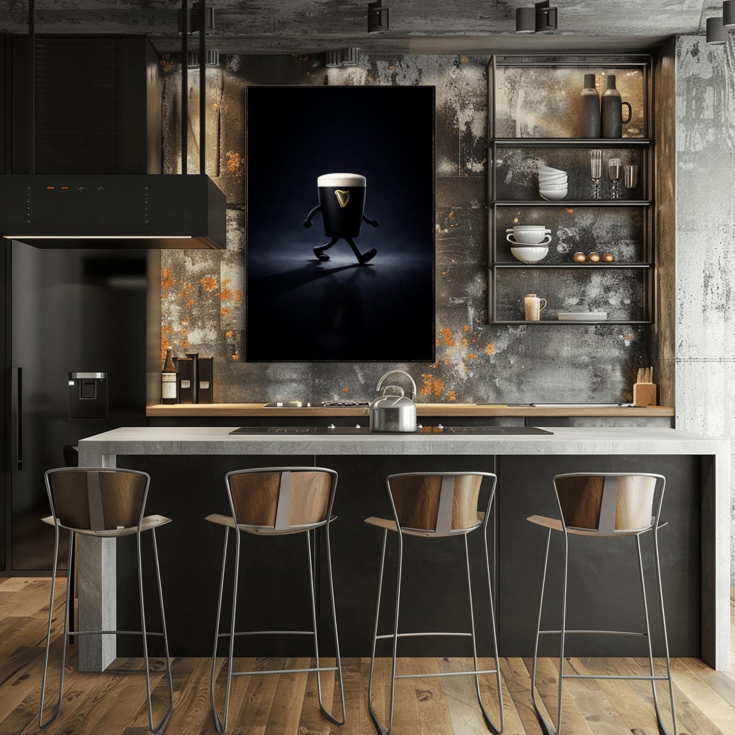 A vertical cinematic illustration of a 3D Guinness pint character with cartoon arms and legs, walking across a reflective dark floor. The background is a dark, moody void with a faint blue atmospheric glow. The pint features a crisp white foam head and a golden harp logo.