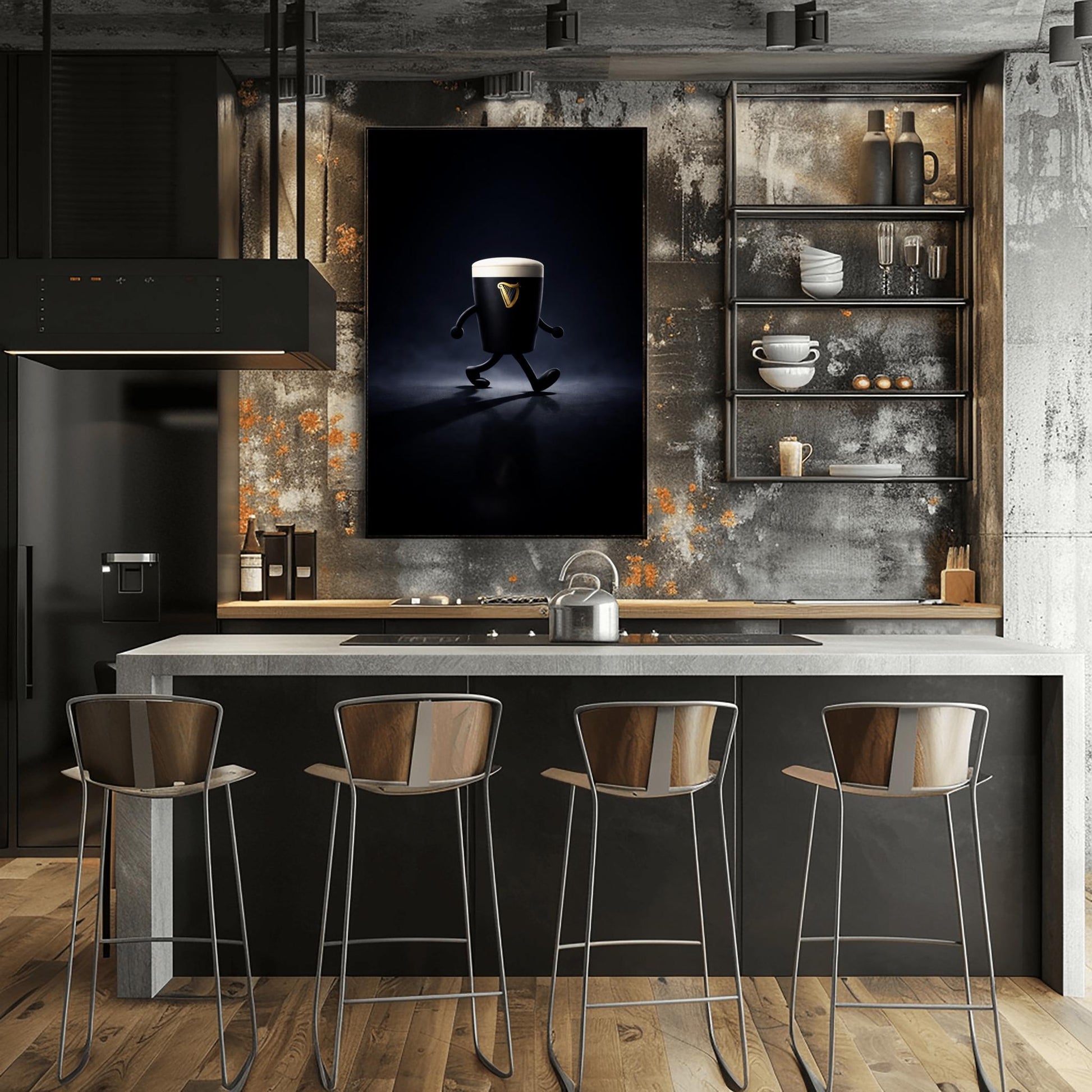 A vertical cinematic illustration of a 3D Guinness pint character with cartoon arms and legs, walking across a reflective dark floor. The background is a dark, moody void with a faint blue atmospheric glow. The pint features a crisp white foam head and a golden harp logo.