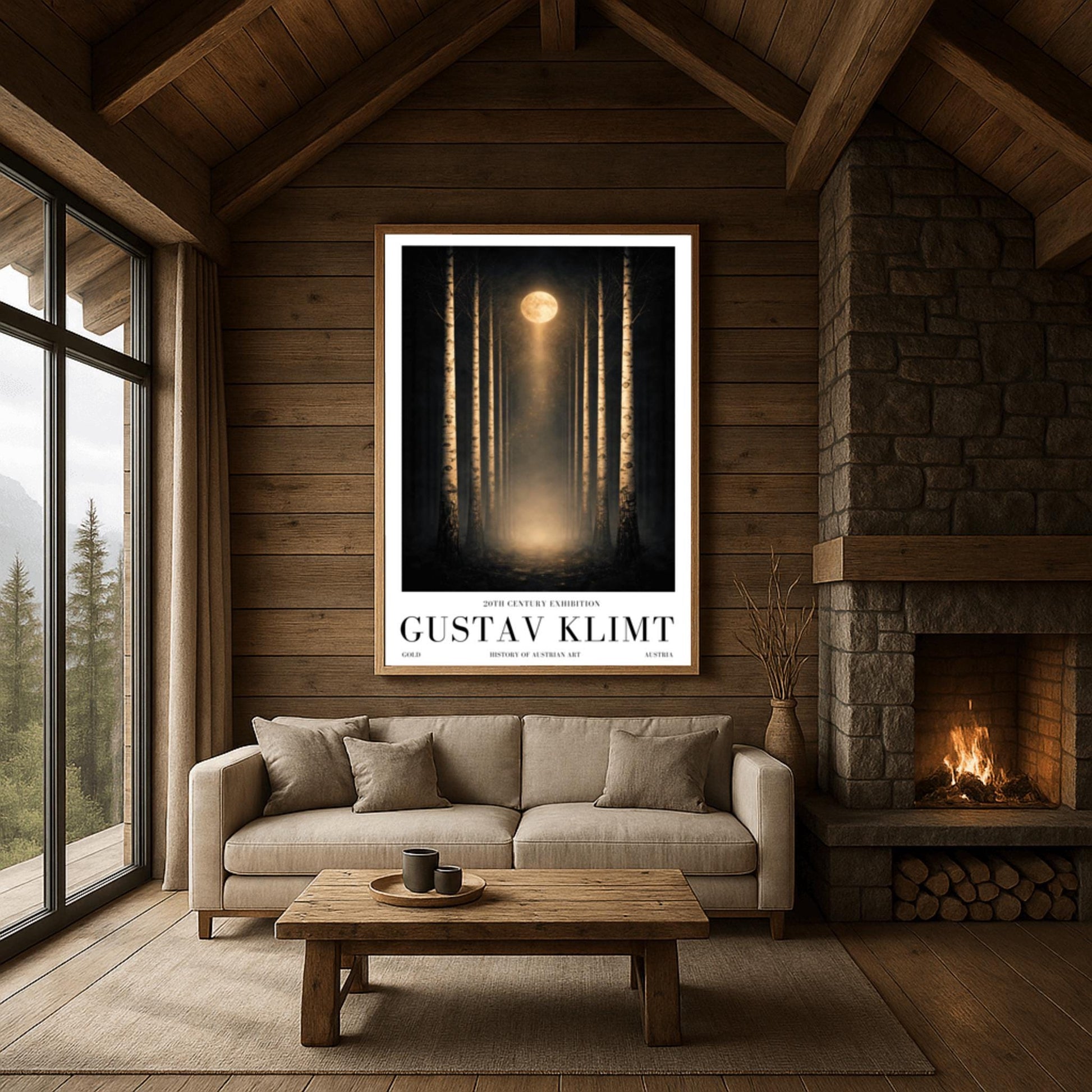 A vertical, perfectly symmetrical illustration of a birch forest at night. Three slender birch trees frame each side of a central path. A golden moon at the top center casts a beam of light downward onto a glowing forest floor. The trees feature intricate golden mosaic bark.