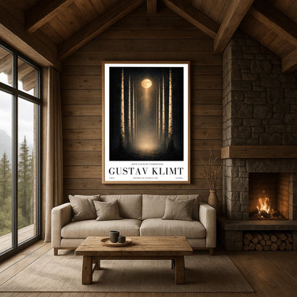 A vertical, perfectly symmetrical illustration of a birch forest at night. Three slender birch trees frame each side of a central path. A golden moon at the top center casts a beam of light downward onto a glowing forest floor. The trees feature intricate golden mosaic bark.