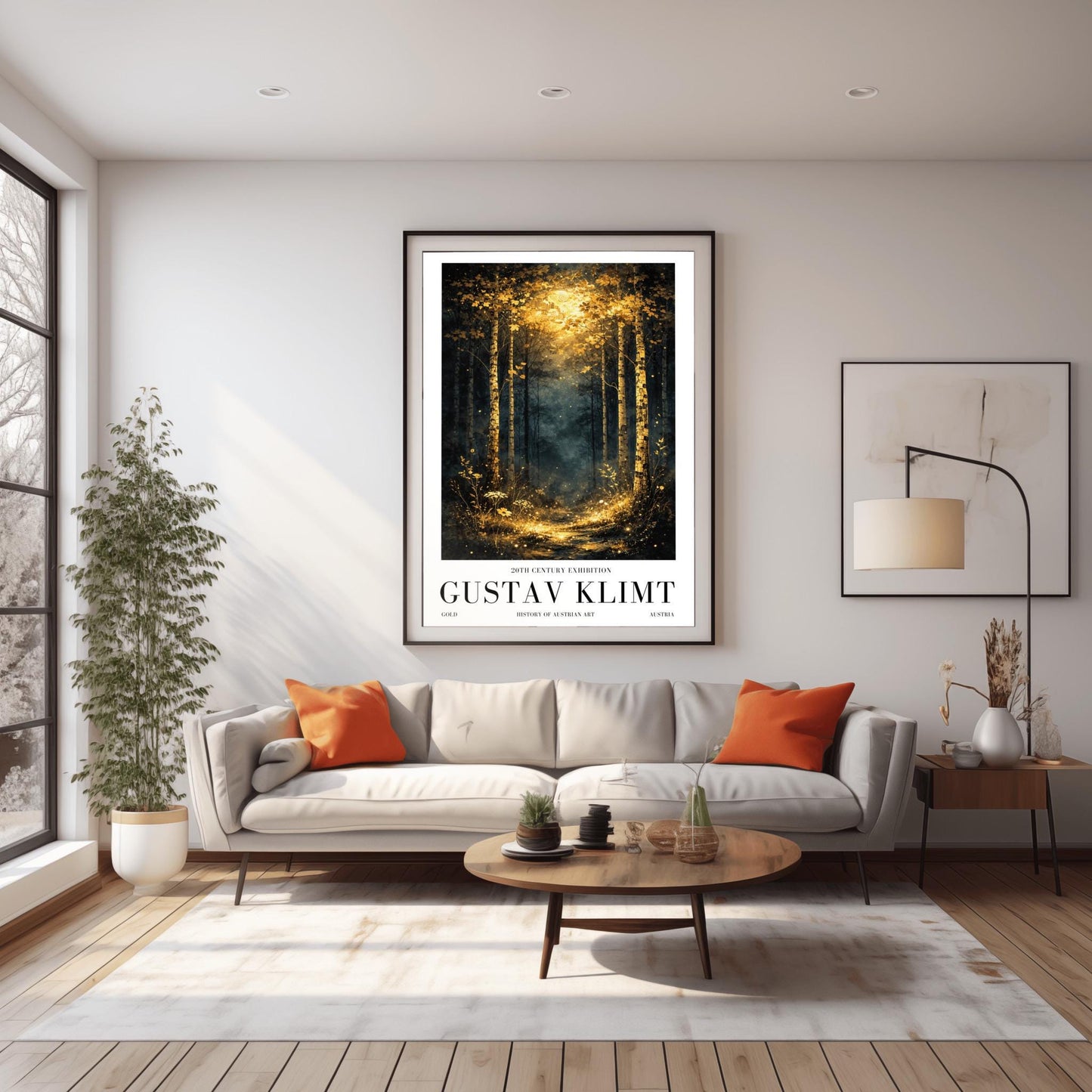 A vertical Art Nouveau illustration of a forest path at night or twilight. Golden birch trees with detailed bark frame a trail that leads into a misty forest. The path and foreground flowers are illuminated by a radiant golden light from above, filled with shimmering stardust.