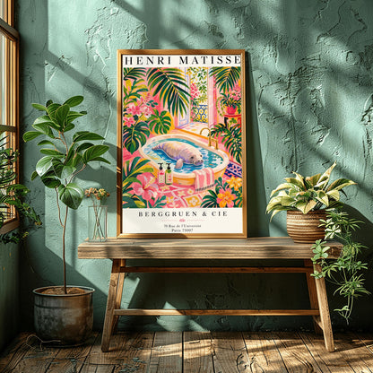 A vertical maximalist art print designed as a Henri Matisse exhibition poster. A large, grey manatee floats peacefully in a white bathtub filled with water. The room is filled with vibrant pink walls, lush green tropical plants, and bright pink hibiscus flowers. An open balcony door in the background shows a Parisian-style wrought-iron railing and pink flowers. Two colorful soap bottles sit on the edge of the tub.