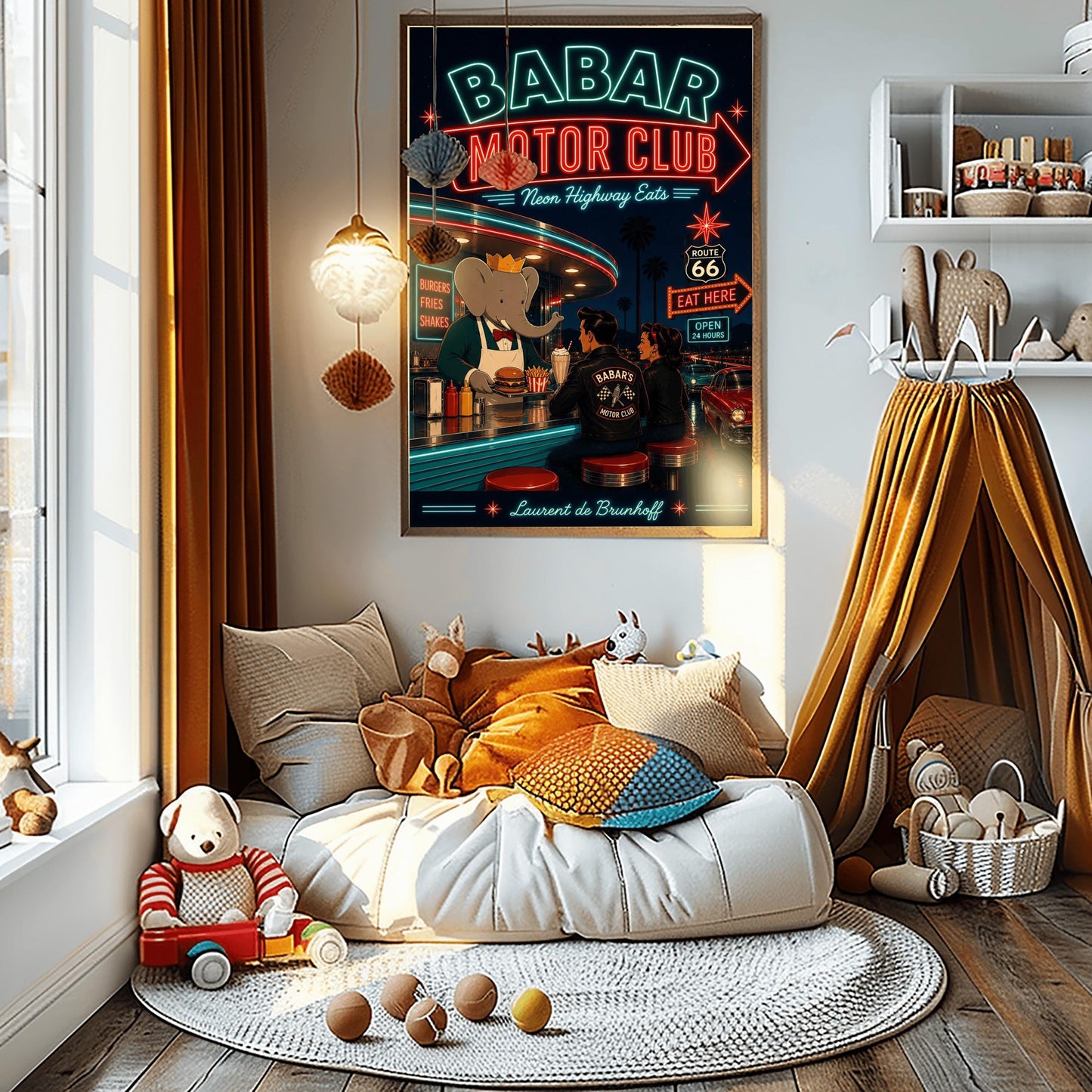 A vibrant 1950s-style illustration poster titled "BABAR MOTOR CLUB - Neon Highway Eats" against a dark night sky. At the top, a massive neon sign glows with a red border and orange lettering. Below, the cartoon elephant King Babar wears a gold crown and a white apron as he hands a tray with a burger and fries across a diner counter. A man and a woman are seated on red stools, viewed from behind, wearing black leather jackets that read "BABAR'S MOTOR CLUB" with a checkered flag logo.
