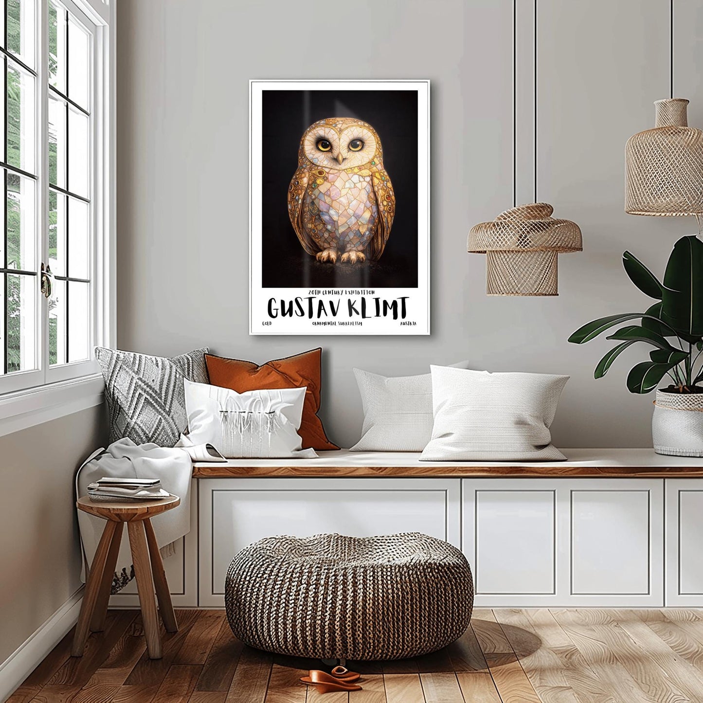 A vertical full-bleed illustration of a barn owl in the style of Gustav Klimt. The owl's body is a complex mosaic of gold, cream, and iridescent pastel tiles with small colorful gemstones embedded in the wings. It has large dark eyes and stands against a solid black background.