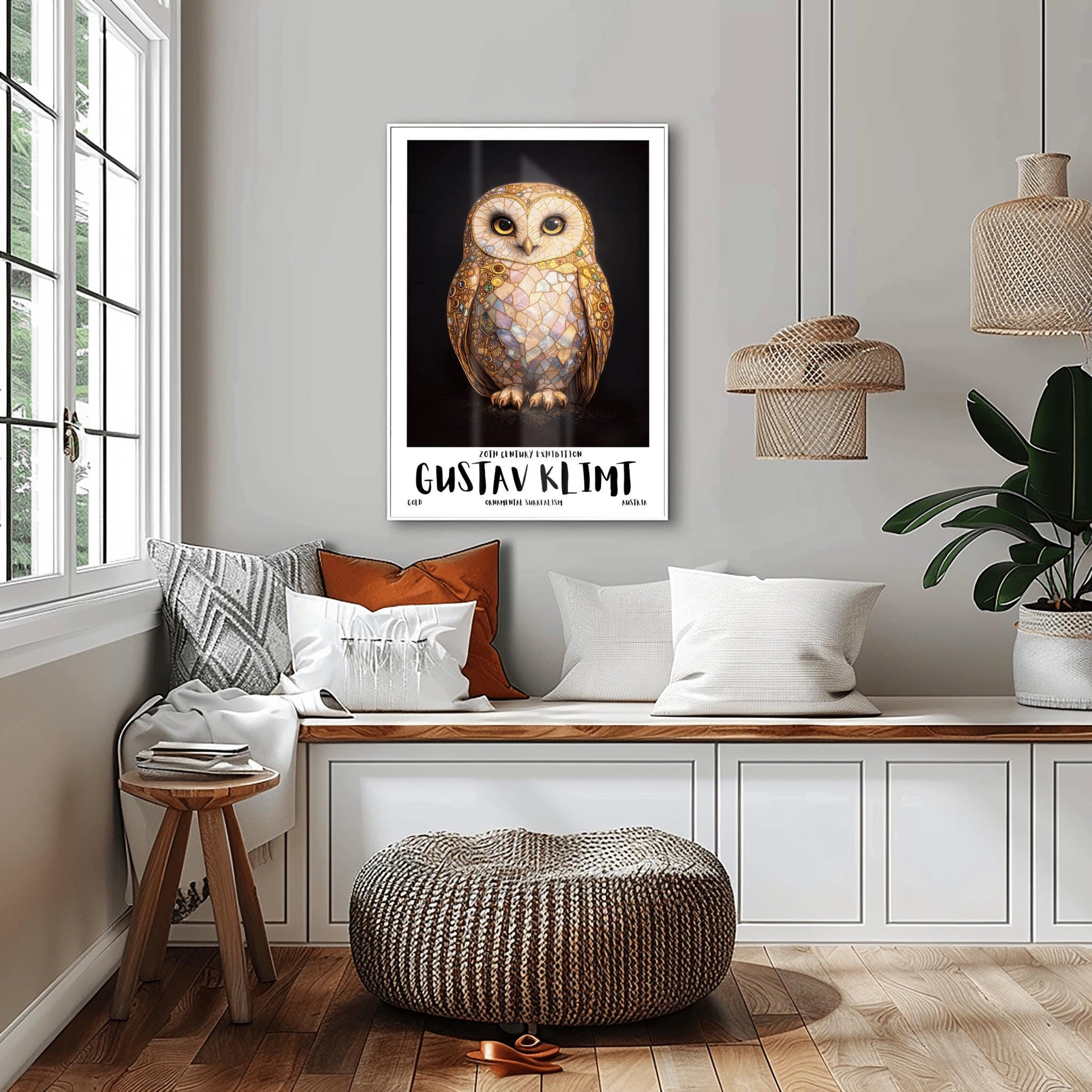 A vertical full-bleed illustration of a barn owl in the style of Gustav Klimt. The owl's body is a complex mosaic of gold, cream, and iridescent pastel tiles with small colorful gemstones embedded in the wings. It has large dark eyes and stands against a solid black background.