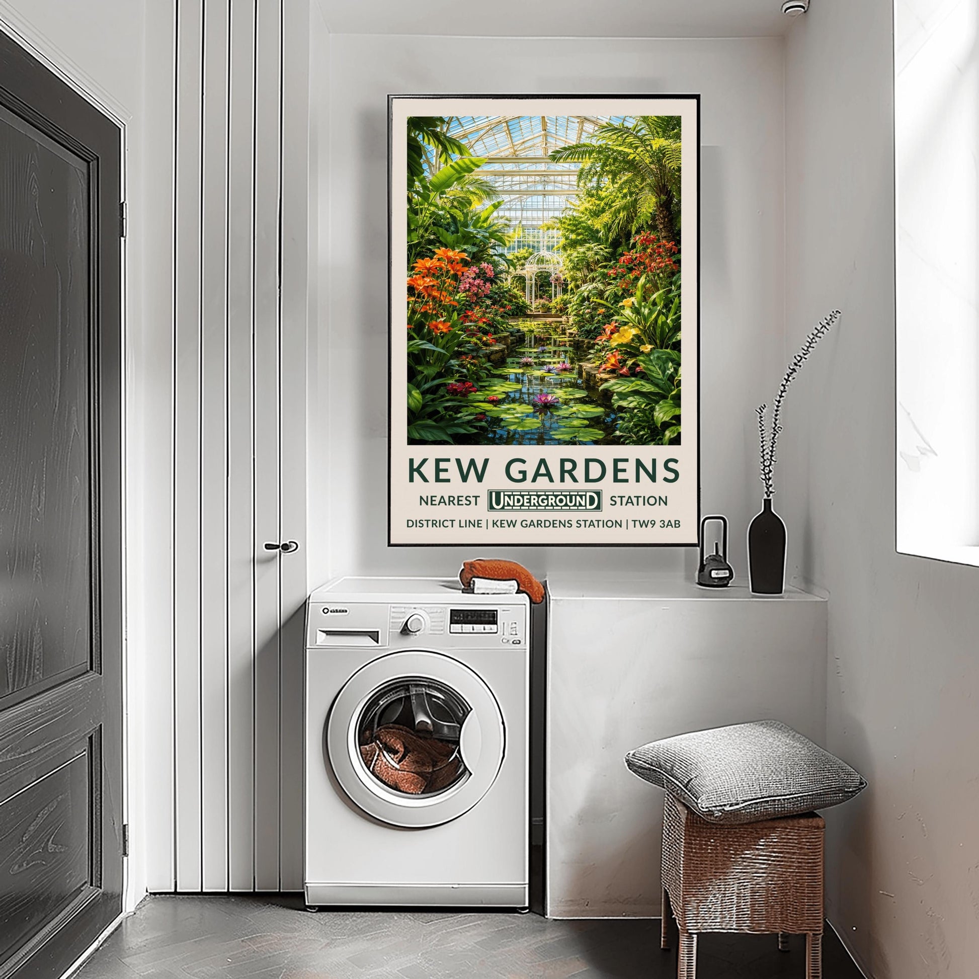 A vertical retro London Underground travel poster for Kew Gardens on a wide cream border. The top image shows a beautiful, detailed illustration of the inside of a large white Victorian glass conservatory. Sunlight shines through the glass roof onto a central water lily pond filled with blooming pink and purple flowers and lily pads. The water is surrounded by lush green palm trees, ferns, orange lilies, and a white metal gazebo in the background.