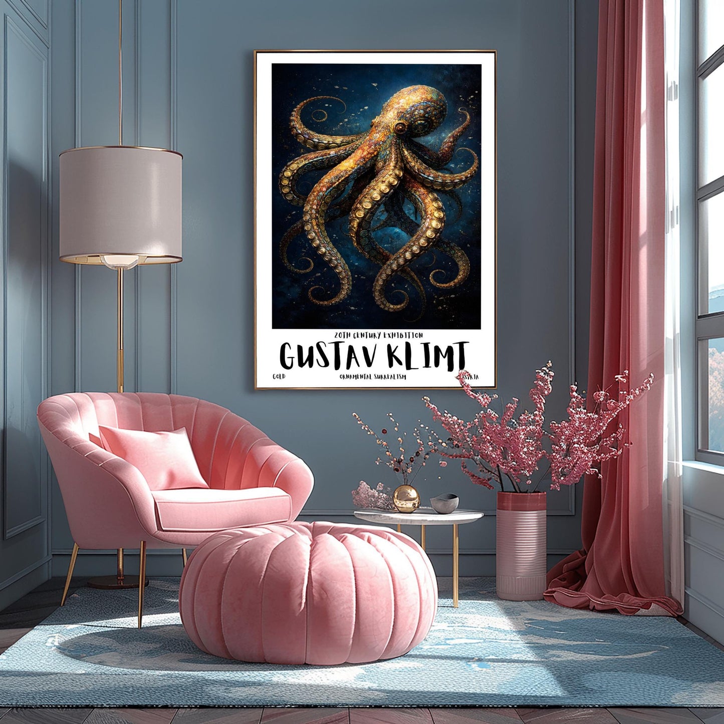 A vertical exhibition poster for Gustav Klimt featuring a highly detailed octopus against a dark navy background. The octopus is covered in golden mosaic patterns and spirals. Below the art, bold text reads "GUSTAV KLIMT" and "Ornamental Surrealism."