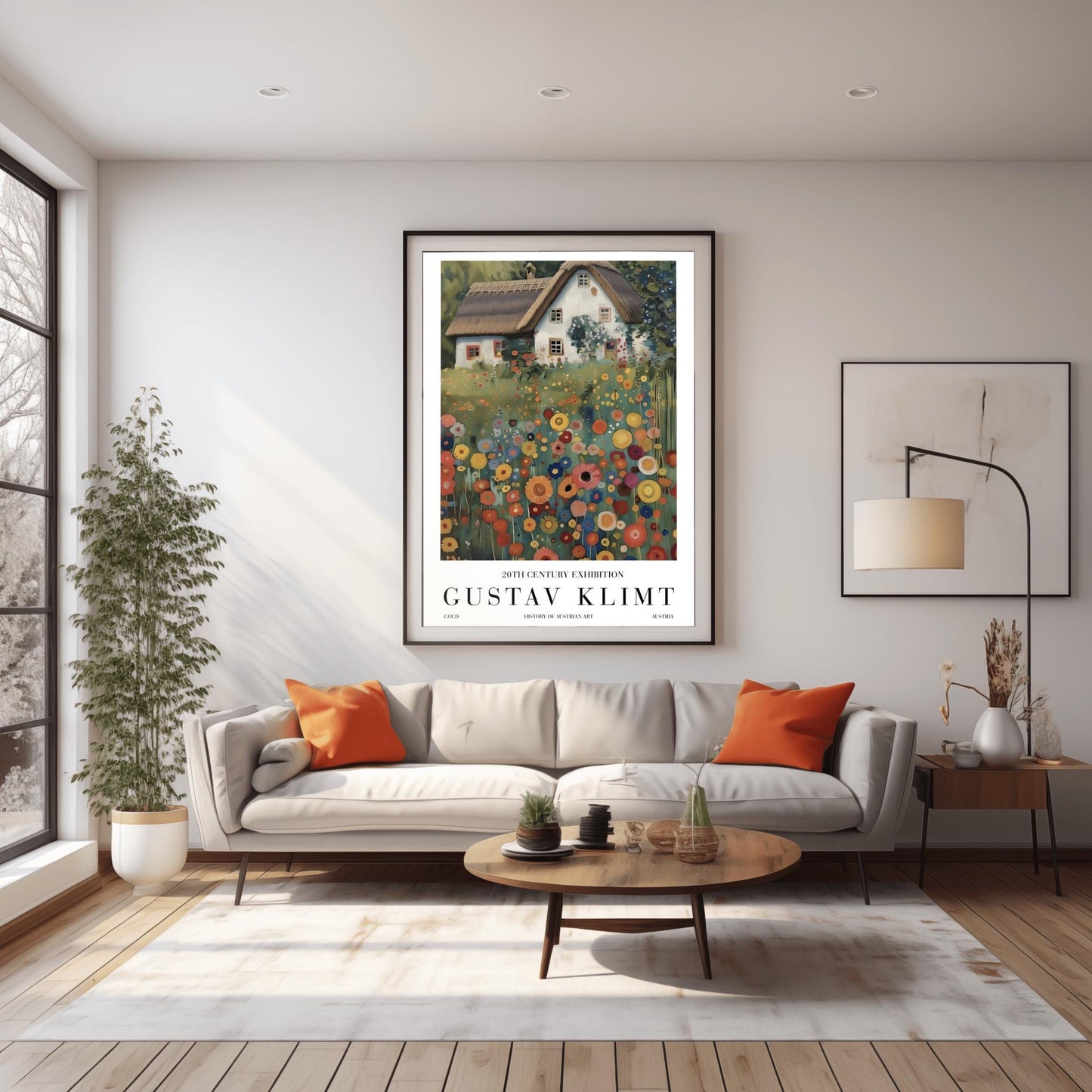 A vertical oil painting in the style of Gustav Klimt. A white-washed cottage with a brown thatched roof sits behind a dense field of colorful, circular wildflowers in shades of orange, red, blue, and yellow. The style features heavy, decorative textures and subtle golden highlights throughout the garden and roof.