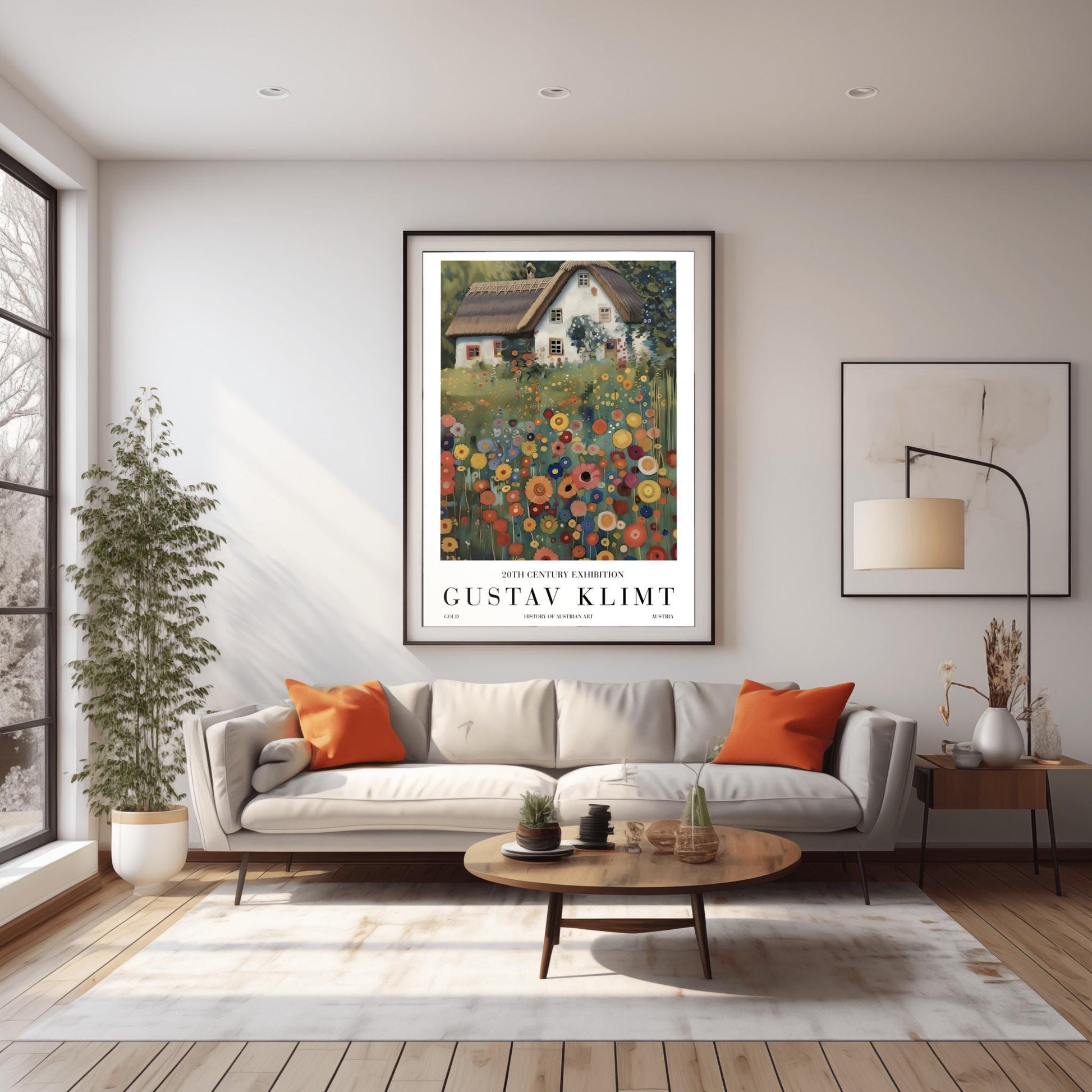 A vertical oil painting in the style of Gustav Klimt. A white-washed cottage with a brown thatched roof sits behind a dense field of colorful, circular wildflowers in shades of orange, red, blue, and yellow. The style features heavy, decorative textures and subtle golden highlights throughout the garden and roof.